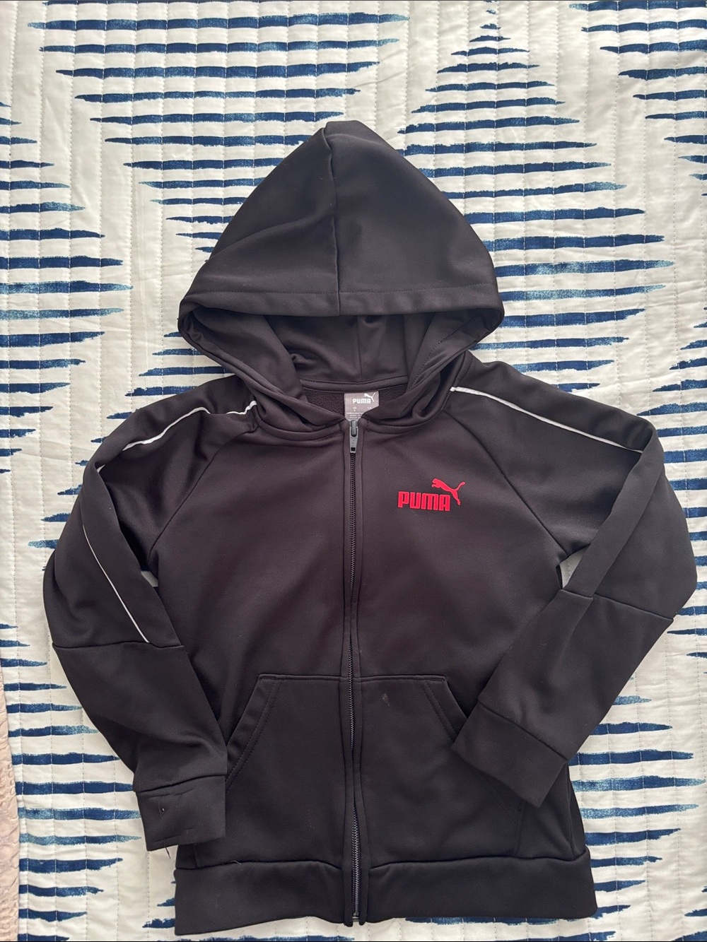 Puma Black Hoodie with Red Logo and White Piping. Size 6